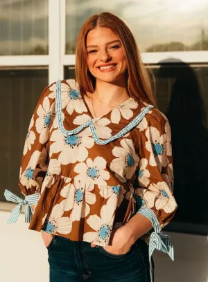 Brown/Blue Floral 3/4 Sleeve Top T24944