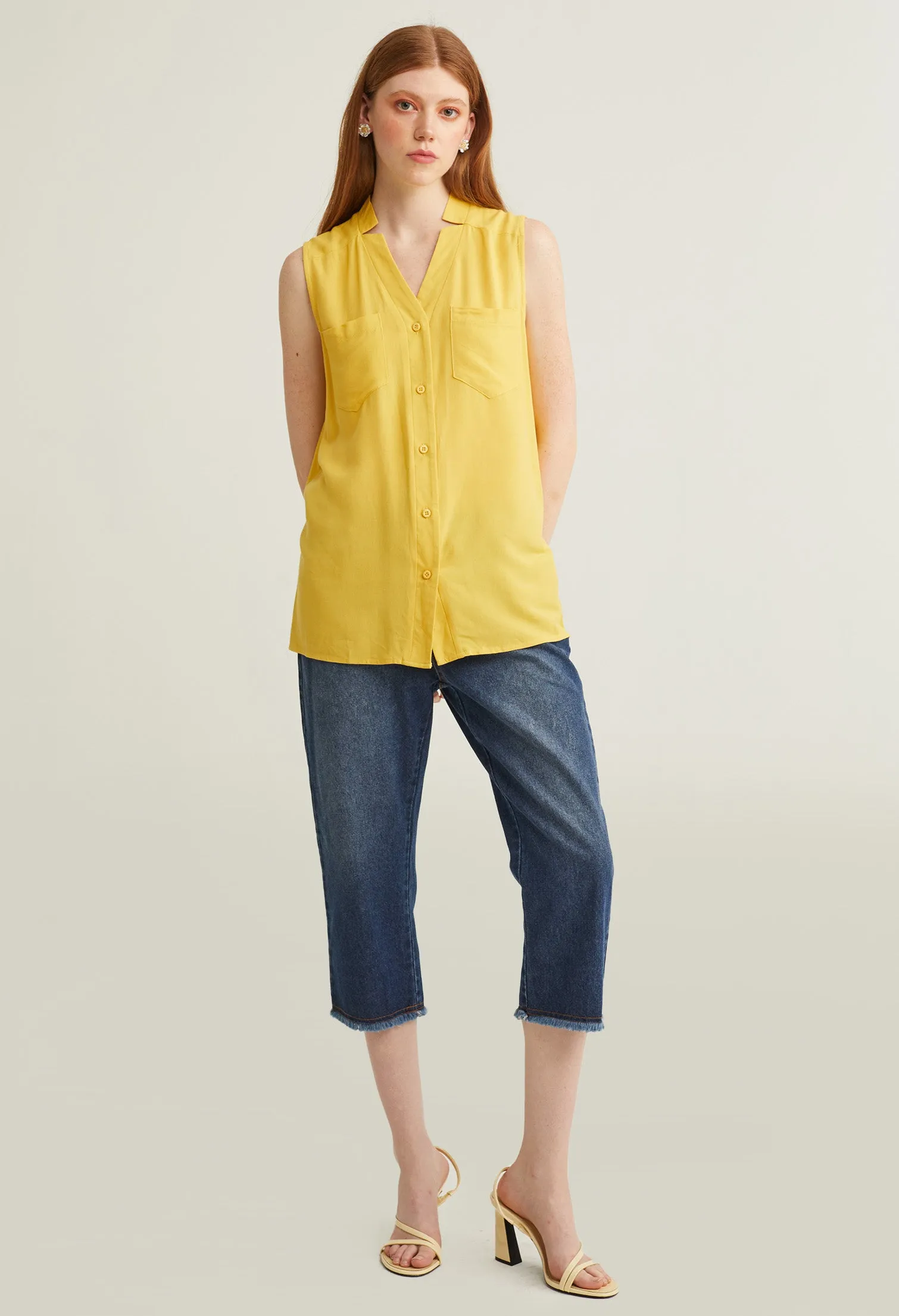Button Up V-Neck Sleeveless Top