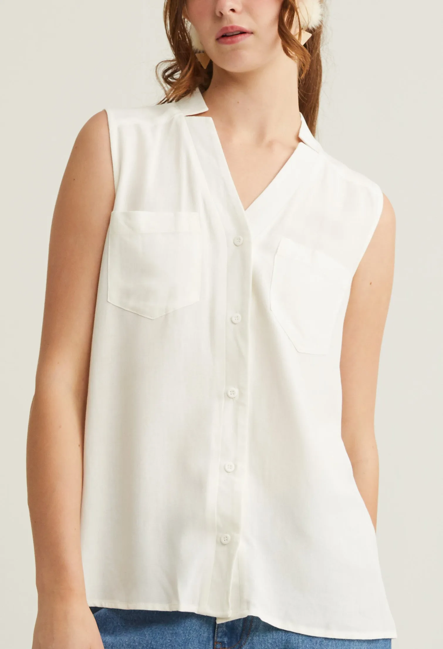 Button Up V-Neck Sleeveless Top