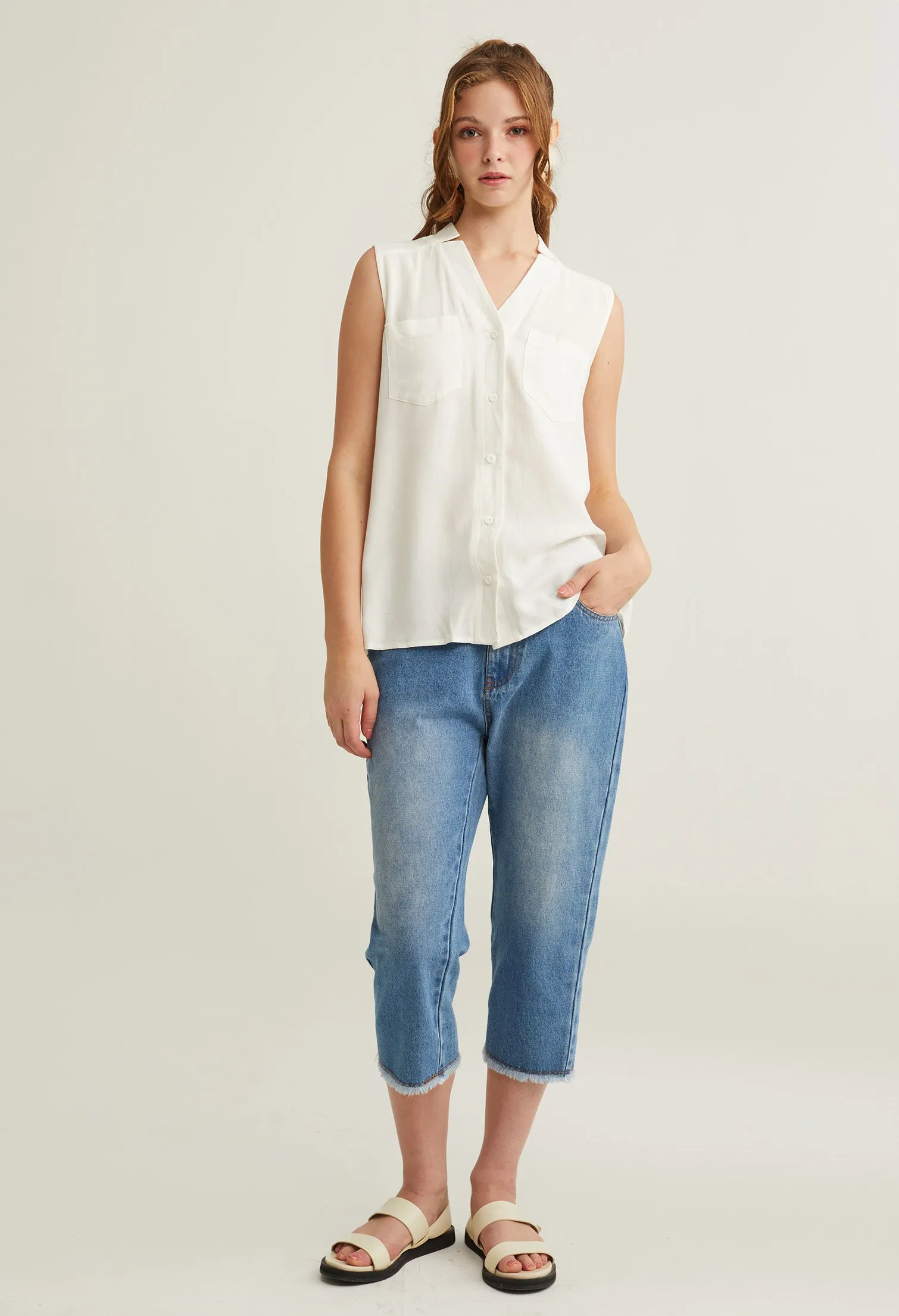 Button Up V-Neck Sleeveless Top