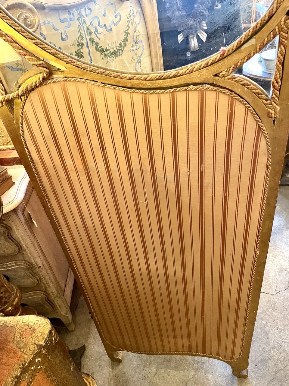 c/1870 French Silk Hand-painted Four-panel Folding Screen With Striped-lined Back and Glass Tops