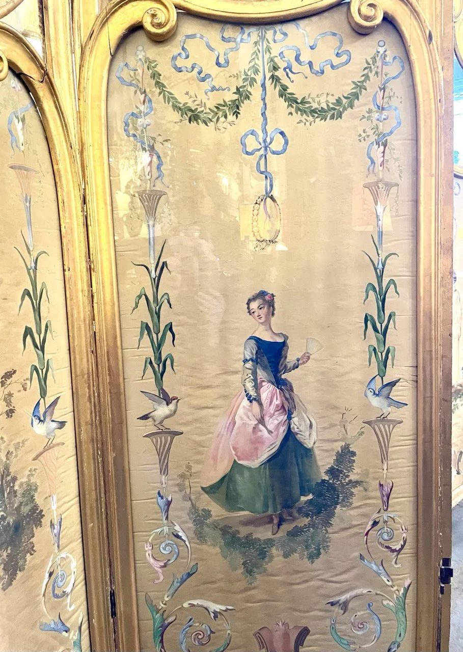 c/1870 French Silk Hand-painted Four-panel Folding Screen With Striped-lined Back and Glass Tops