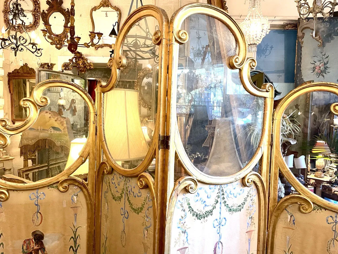 c/1870 French Silk Hand-painted Four-panel Folding Screen With Striped-lined Back and Glass Tops