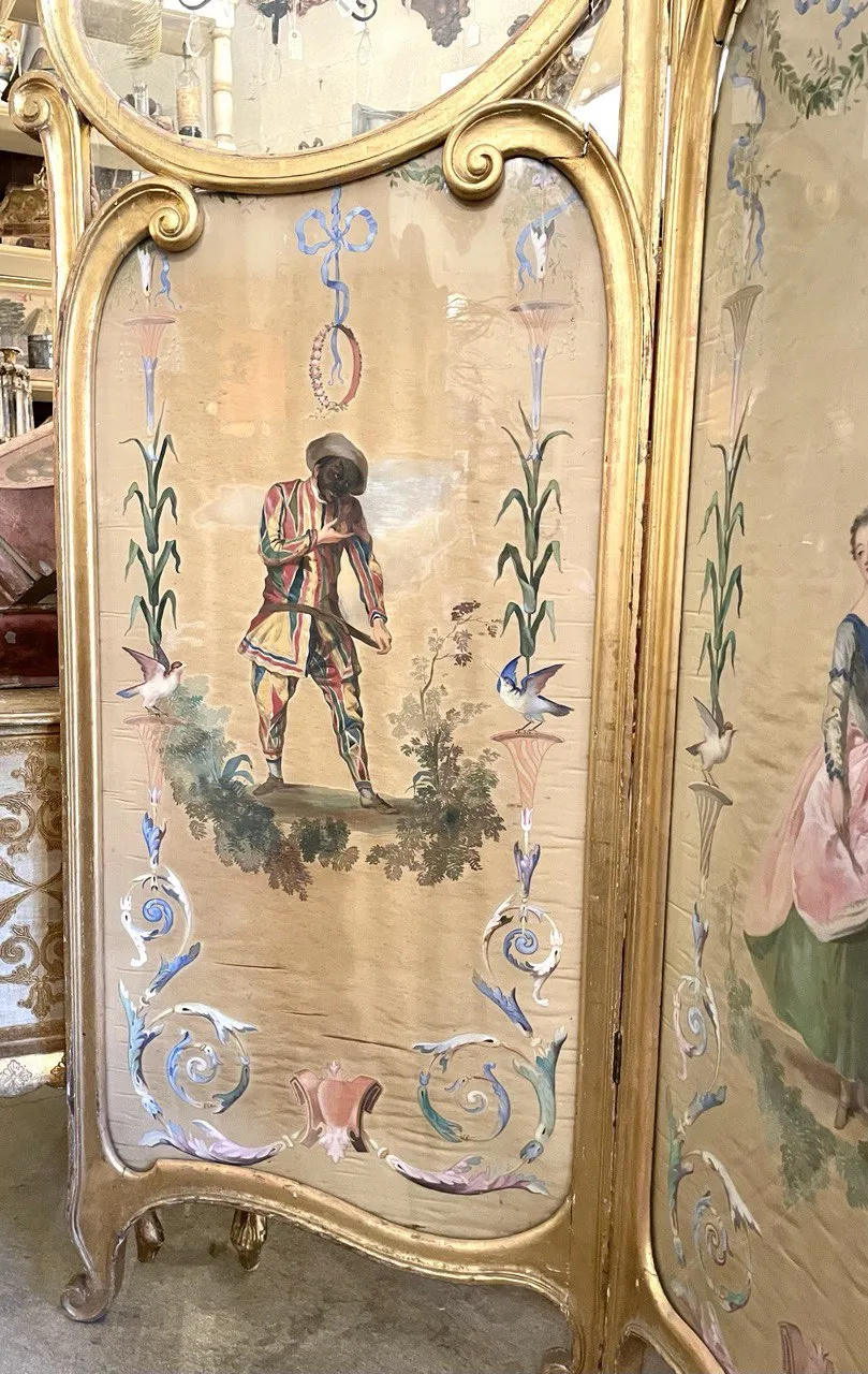 c/1870 French Silk Hand-painted Four-panel Folding Screen With Striped-lined Back and Glass Tops