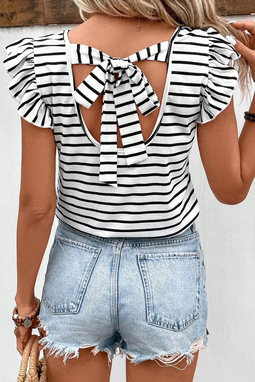 Cassidy Black and White Tied Striped V-Neck Cap Sleeve T-Shirt - Online Exclusive