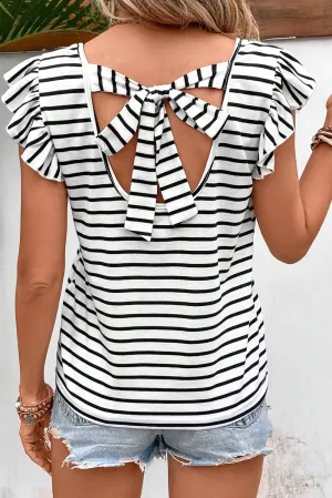 Cassidy Black and White Tied Striped V-Neck Cap Sleeve T-Shirt - Online Exclusive