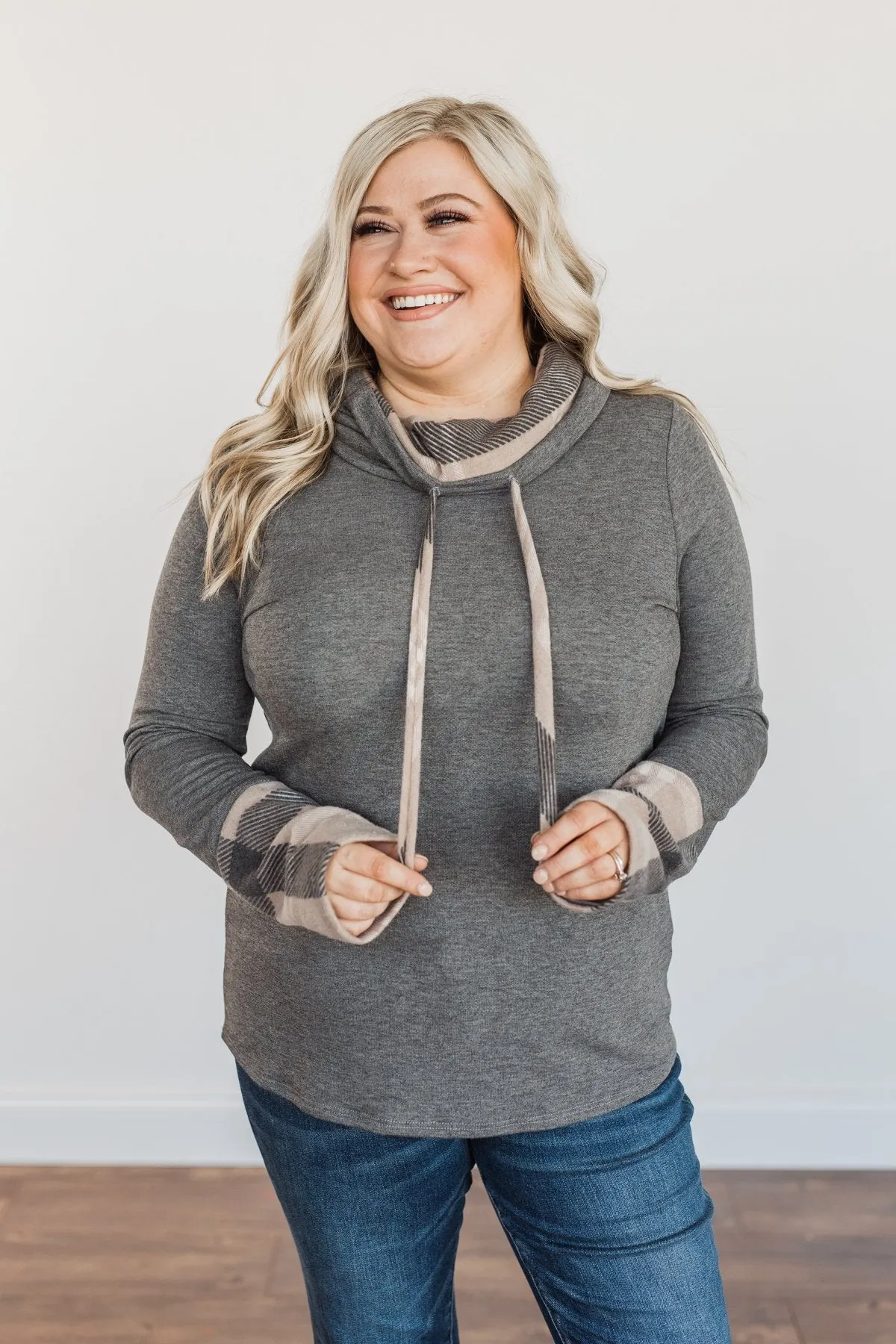 Celebrate The Season Cowl Neck Top- Charcoal & Taupe
