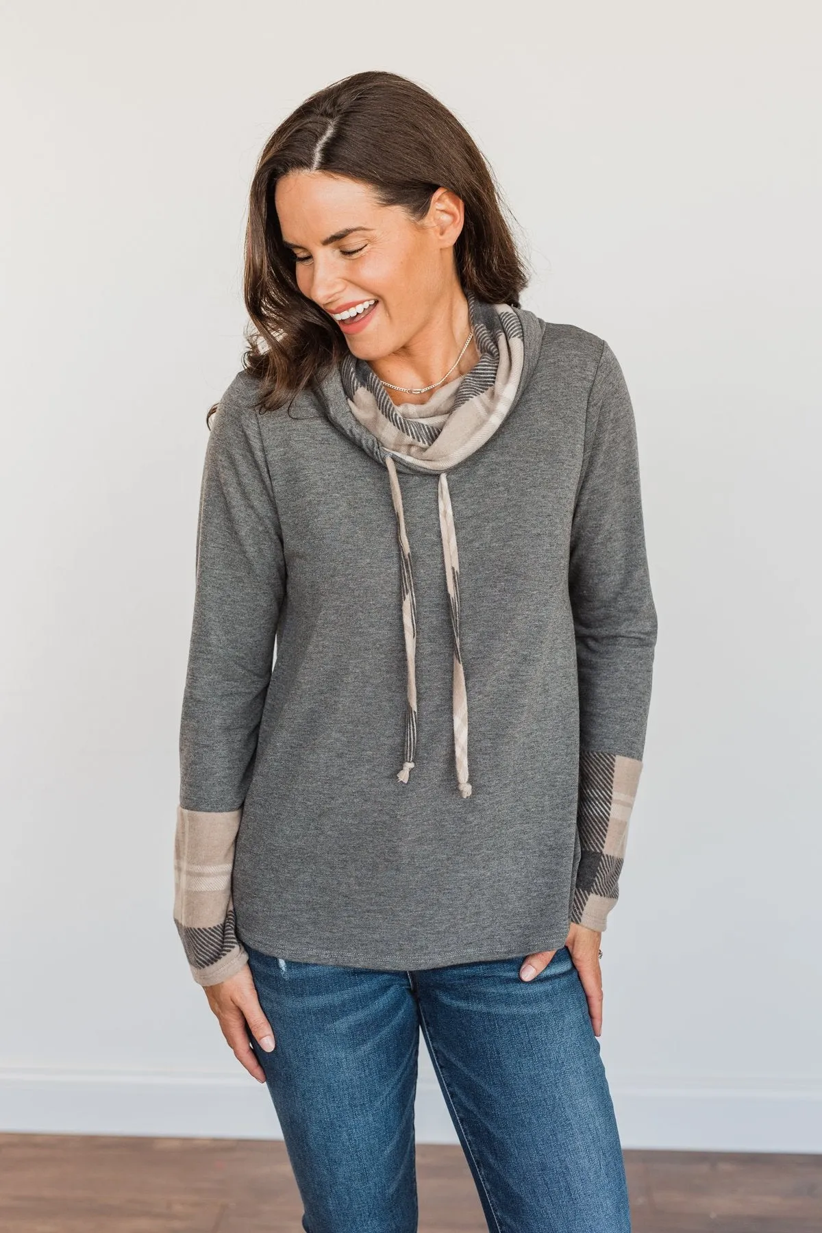 Celebrate The Season Cowl Neck Top- Charcoal & Taupe