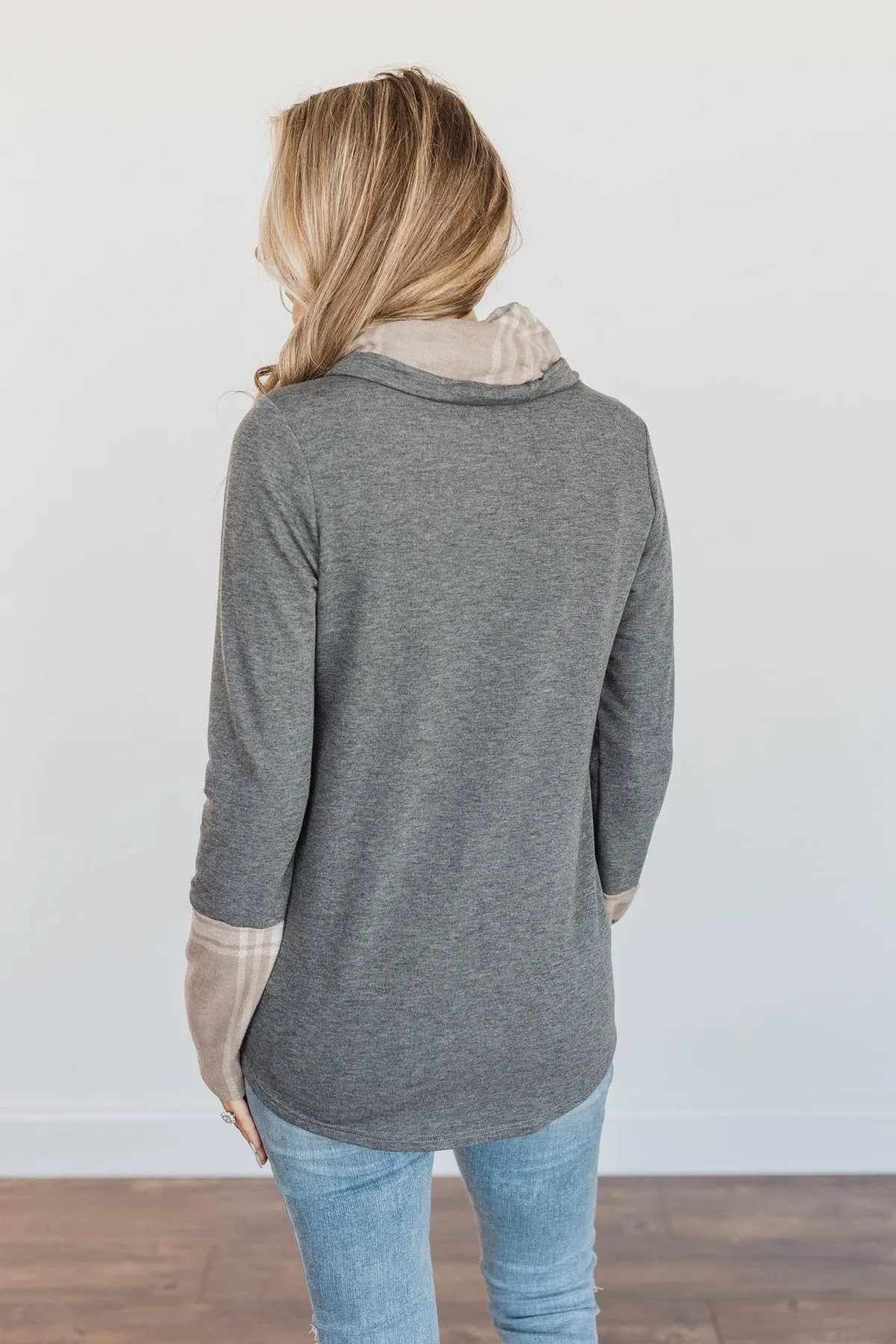 Celebrate The Season Cowl Neck Top- Charcoal & Taupe