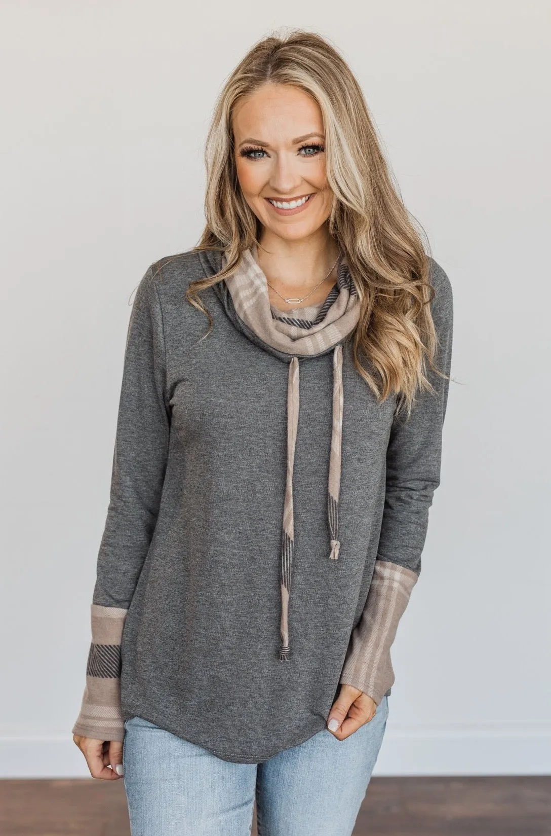 Celebrate The Season Cowl Neck Top- Charcoal & Taupe