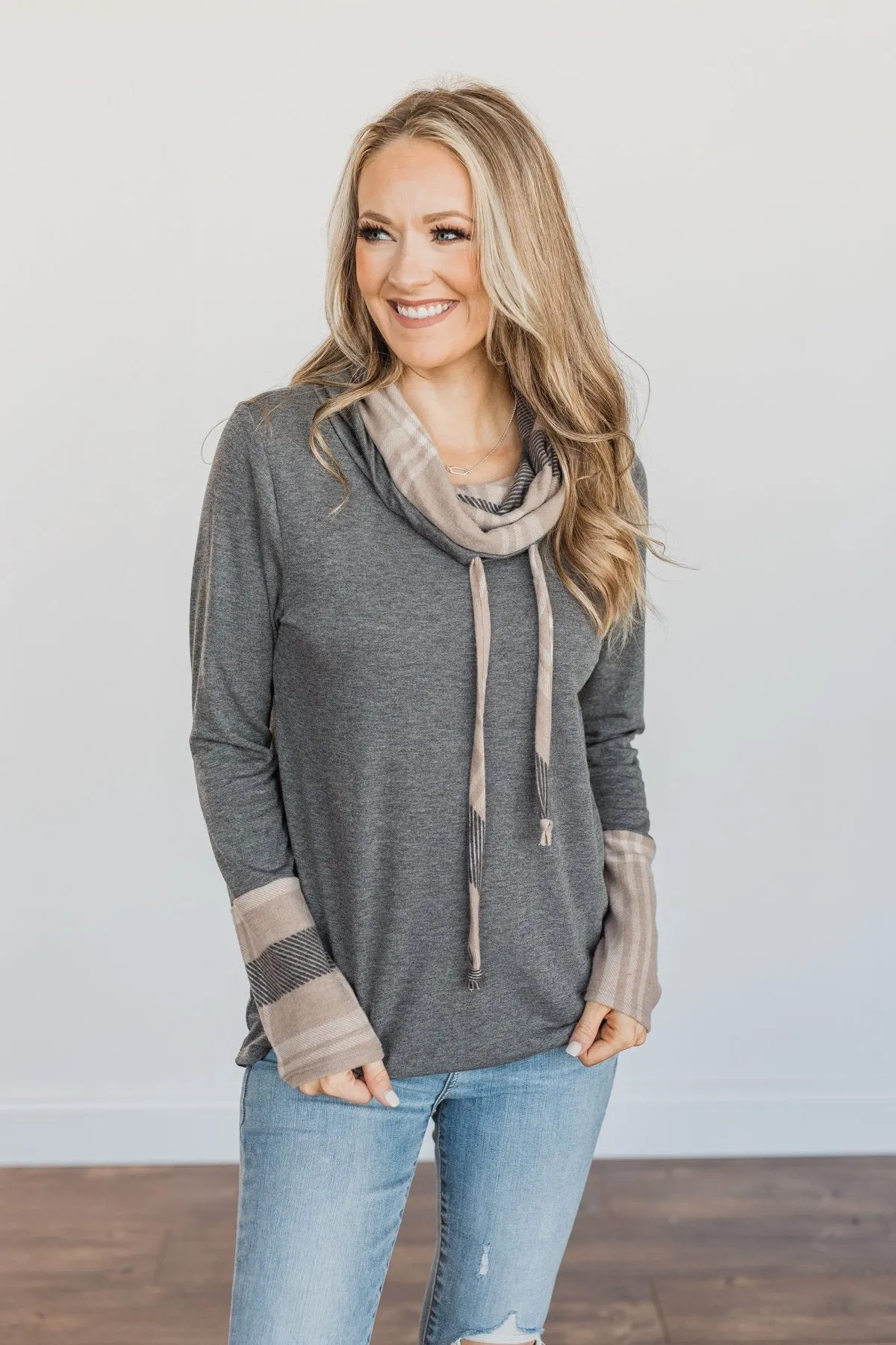 Celebrate The Season Cowl Neck Top- Charcoal & Taupe