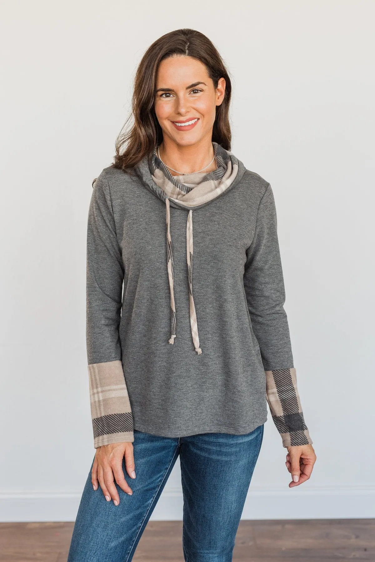 Celebrate The Season Cowl Neck Top- Charcoal & Taupe