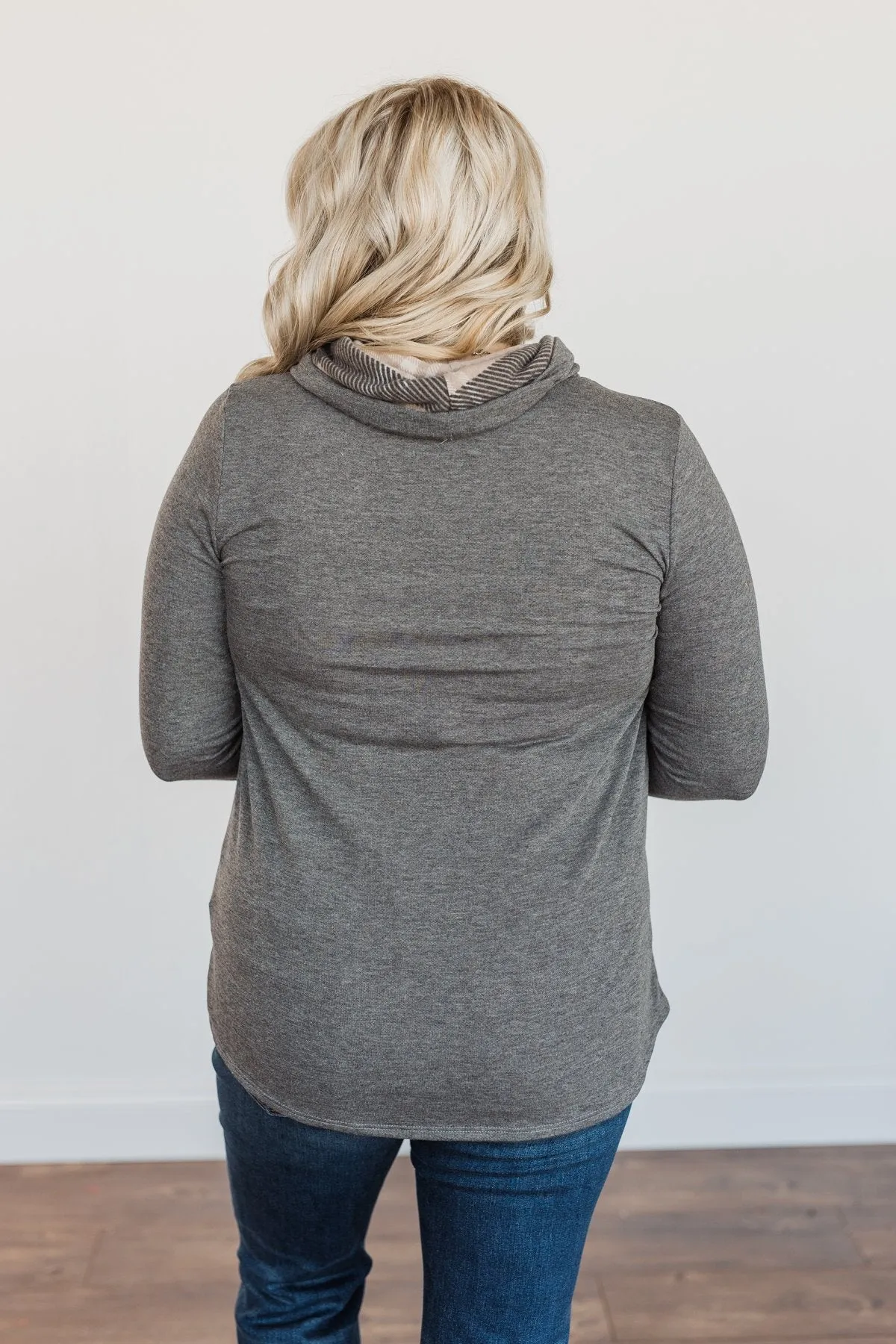 Celebrate The Season Cowl Neck Top- Charcoal & Taupe