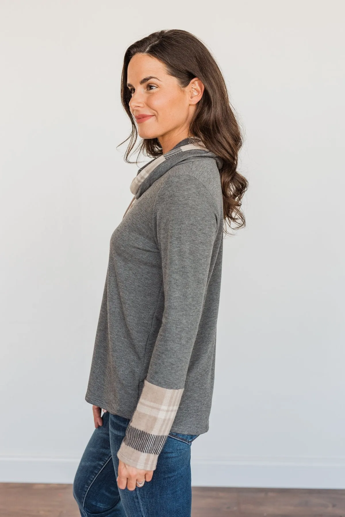 Celebrate The Season Cowl Neck Top- Charcoal & Taupe