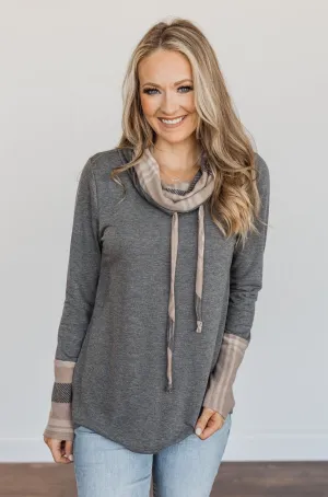 Celebrate The Season Cowl Neck Top- Charcoal & Taupe