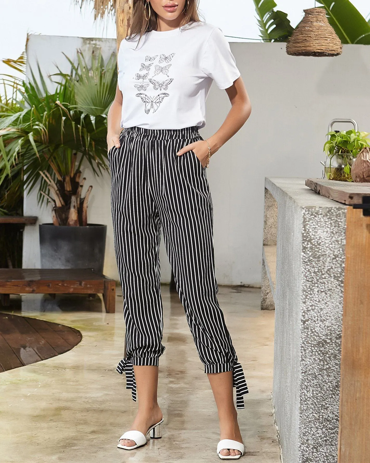 Classic Look High-Waisted Pants - Black Pinstripe