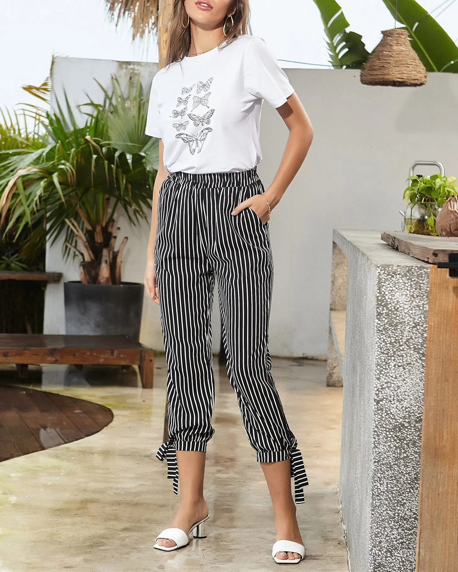 Classic Look High-Waisted Pants - Black Pinstripe