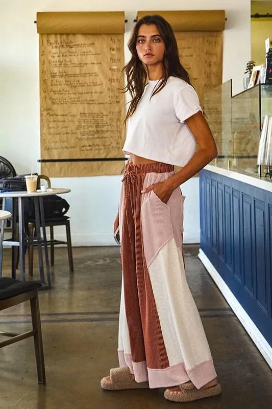Color -Block Detail Rib Textured Wide Legs Pants