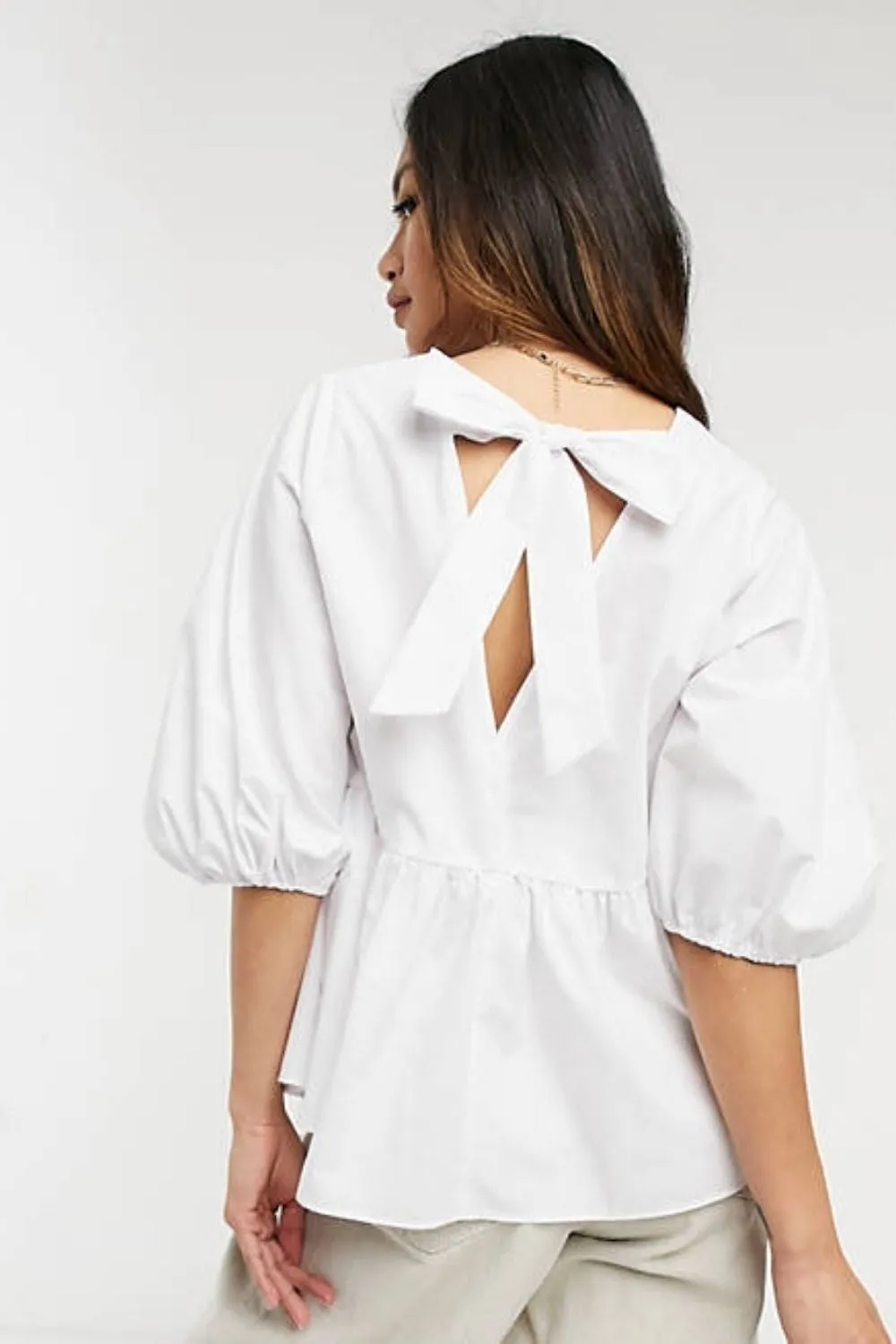 Cotton Smock Top With Tie Back In White