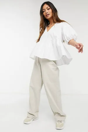 Cotton Smock Top With Tie Back In White