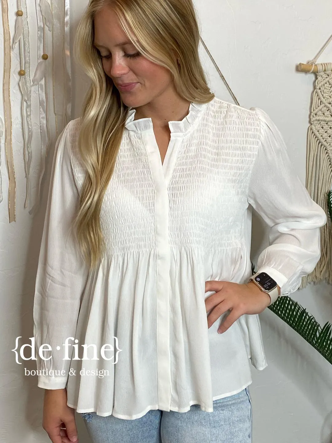 Daphne V-Neck Blouse with Ruffled Trim in White