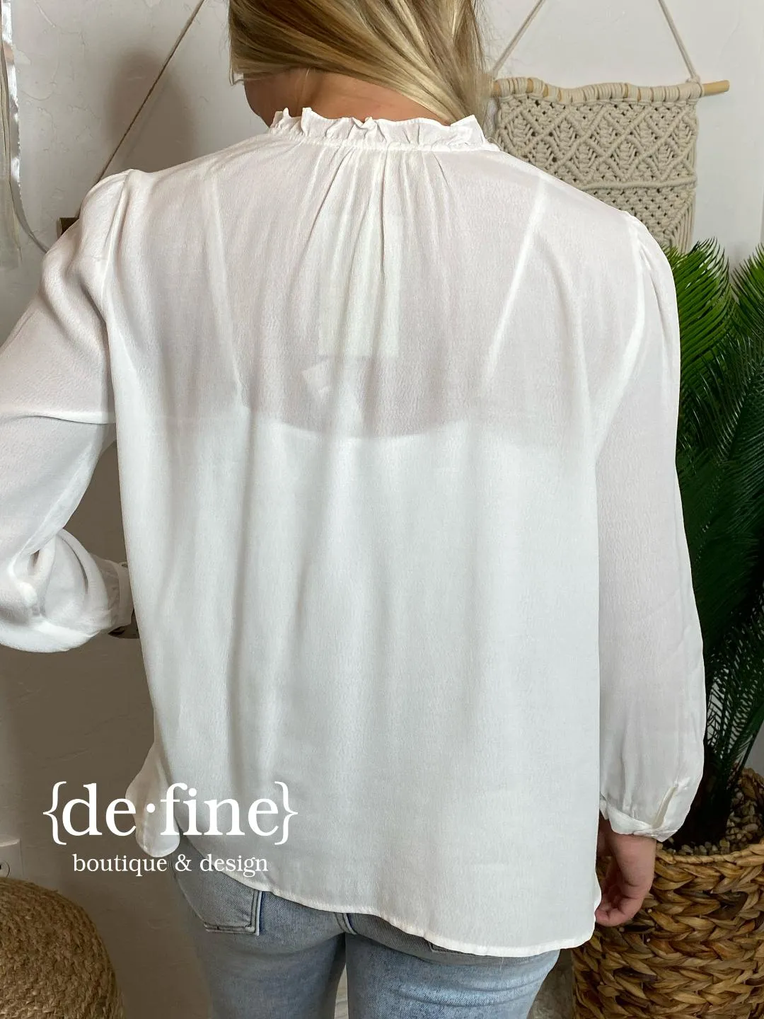 Daphne V-Neck Blouse with Ruffled Trim in White