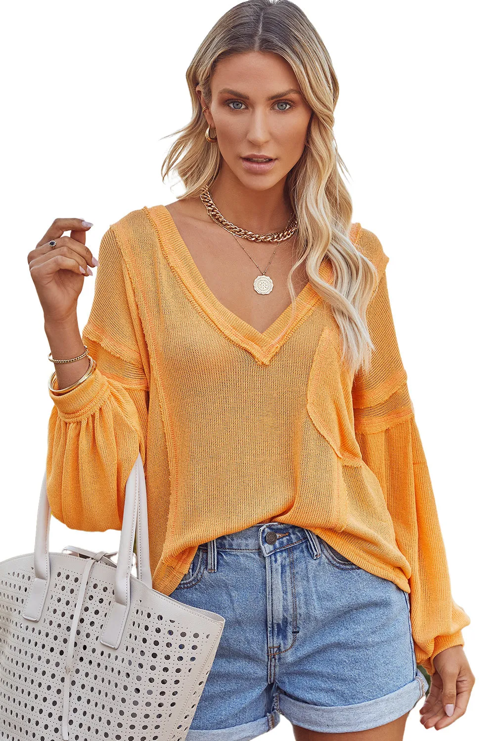 Egg Yolk V Neck Puff Sleeve Lightweight Knit Sweater