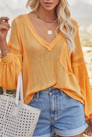 Egg Yolk V Neck Puff Sleeve Lightweight Knit Sweater