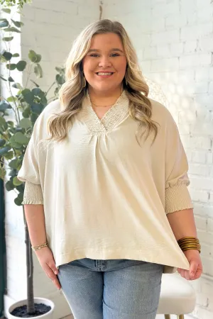 Eggshell Scrunch Detail V-Neck Top