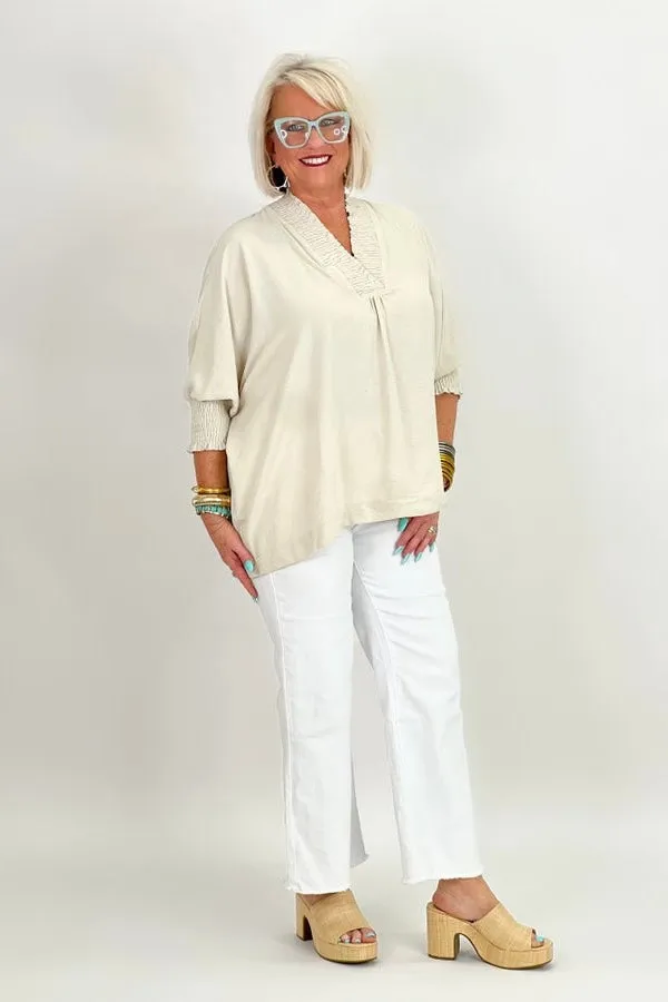 Eggshell Scrunch Detail V-Neck Top