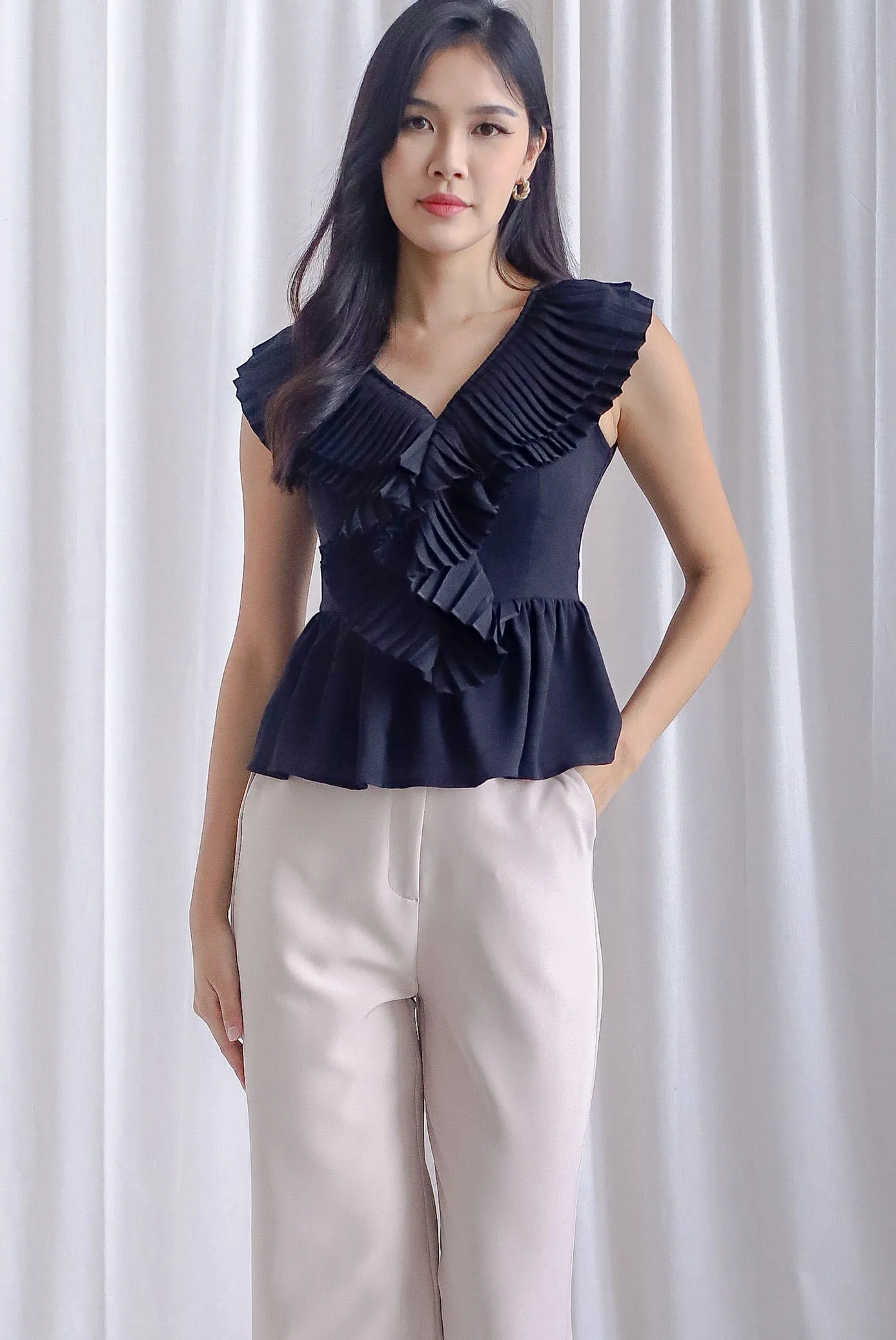 Elisa Pleated Peplum Top In Black