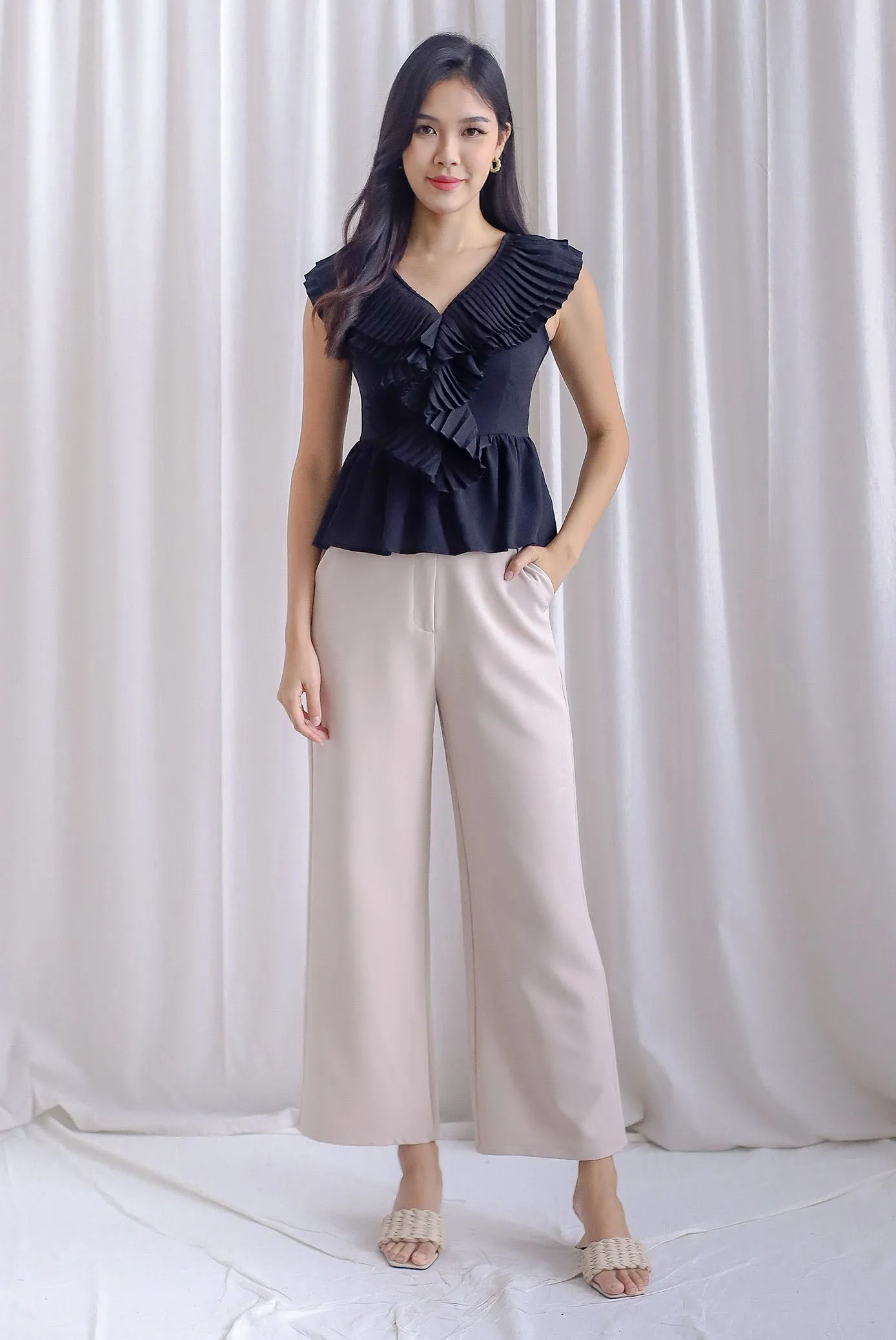 Elisa Pleated Peplum Top In Black