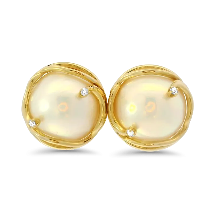 Estate 14k Yellow Gold Mabe Pearl and Diamond Stud Earrings