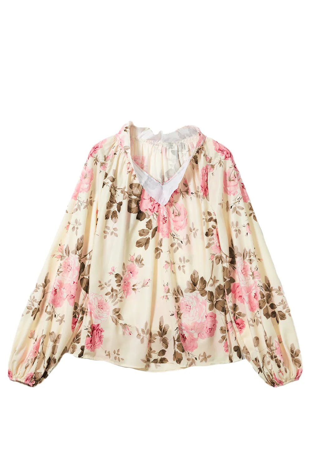 Floral Print Lantern Sleeve V-Neck Blouse