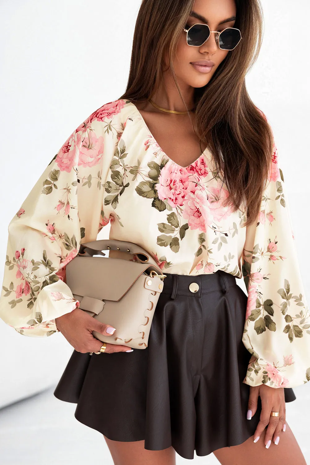 Floral Print Lantern Sleeve V-Neck Blouse