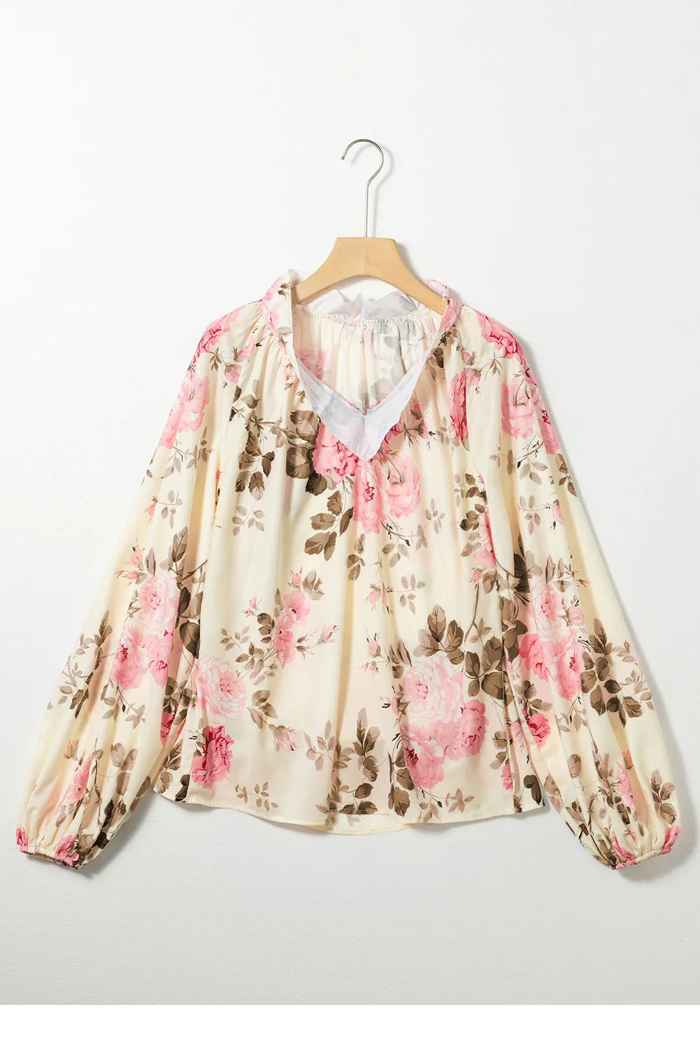 Floral Print Lantern Sleeve V-Neck Blouse