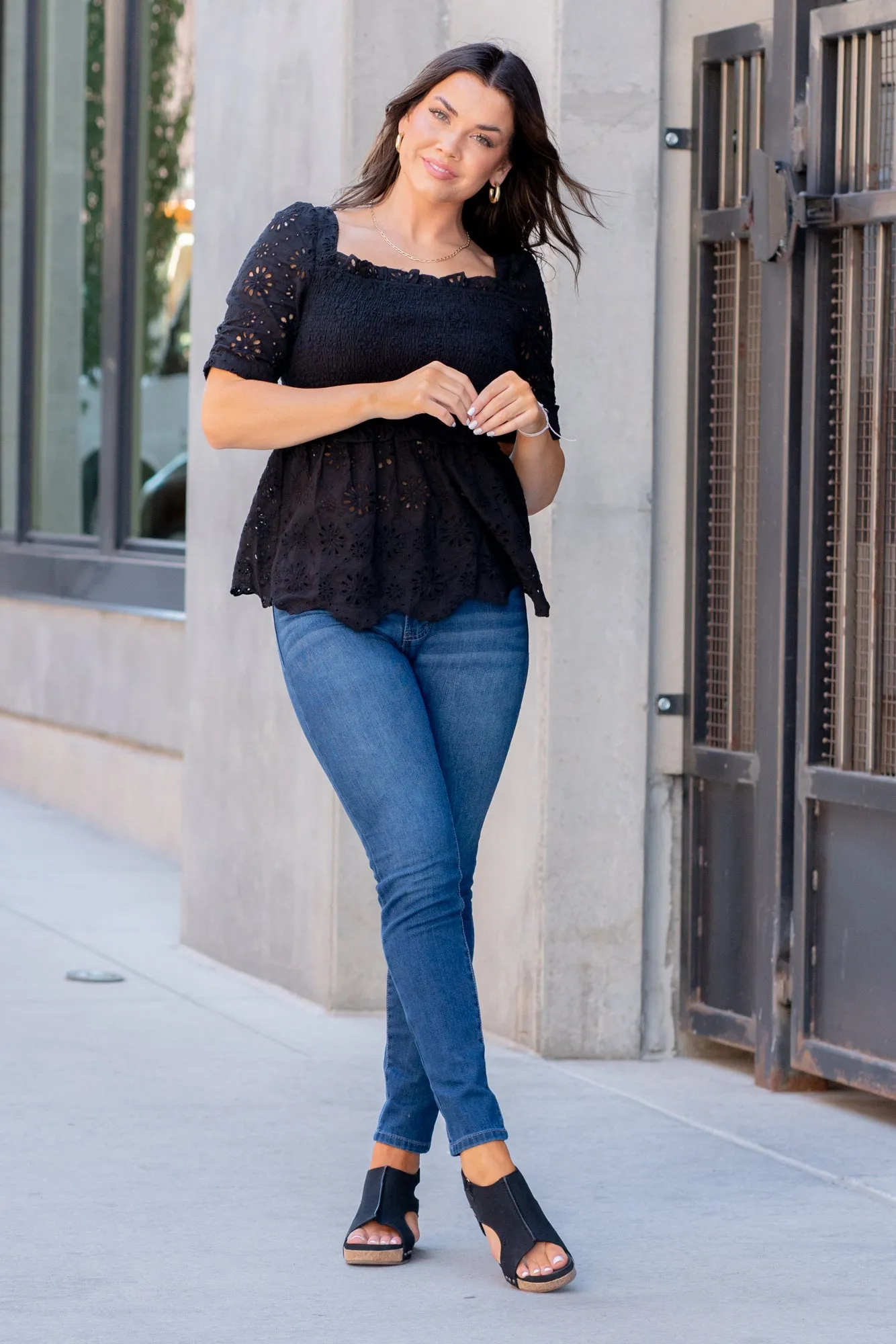 Flower Eyelet Smocked Body Peplum Top - Black
