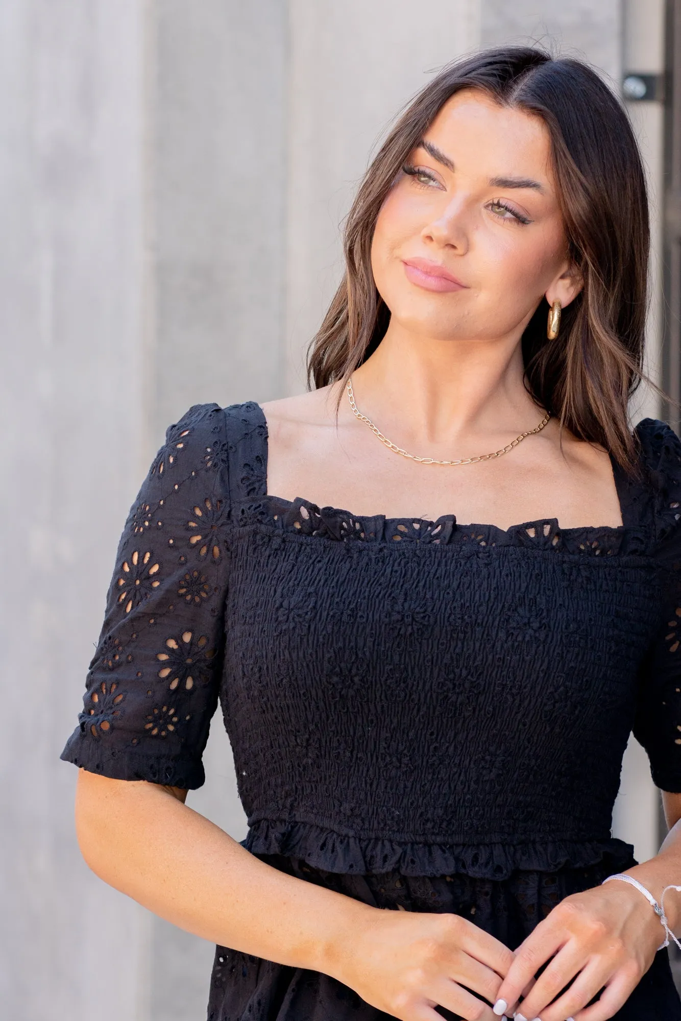 Flower Eyelet Smocked Body Peplum Top - Black
