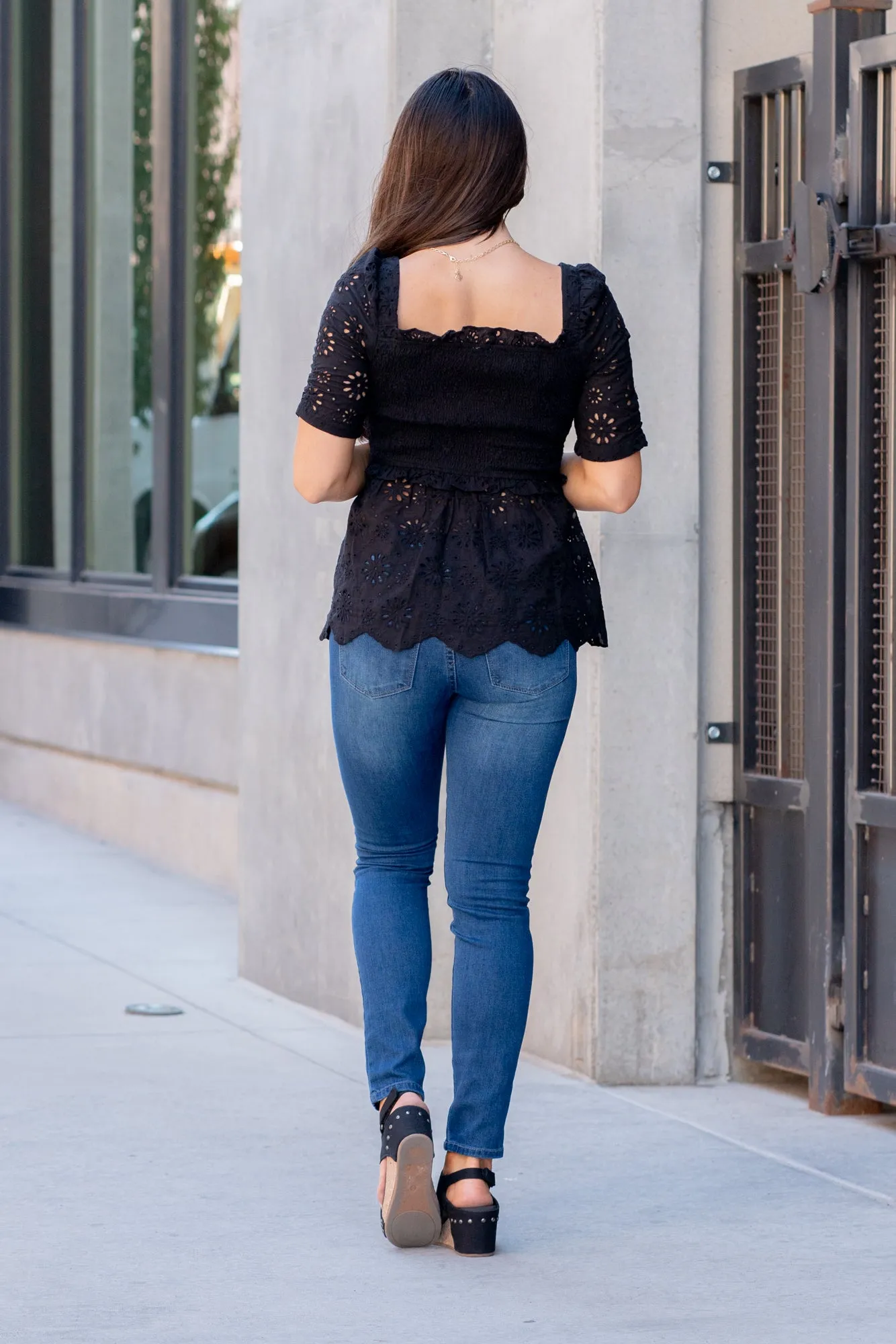 Flower Eyelet Smocked Body Peplum Top - Black