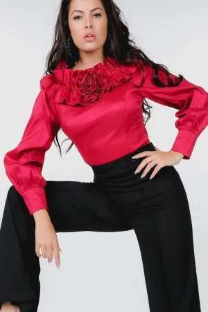 Flower Patch With Ruffle Neck Satin Blouse
