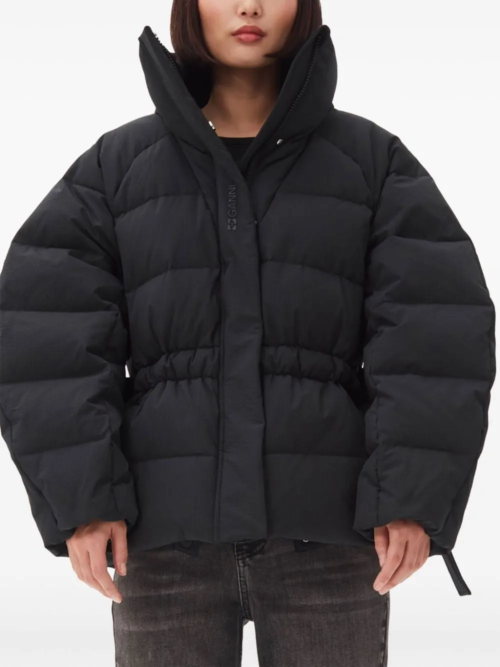 Ganni Tech Seersucker Oversized Puffer Jacket in Black 099
