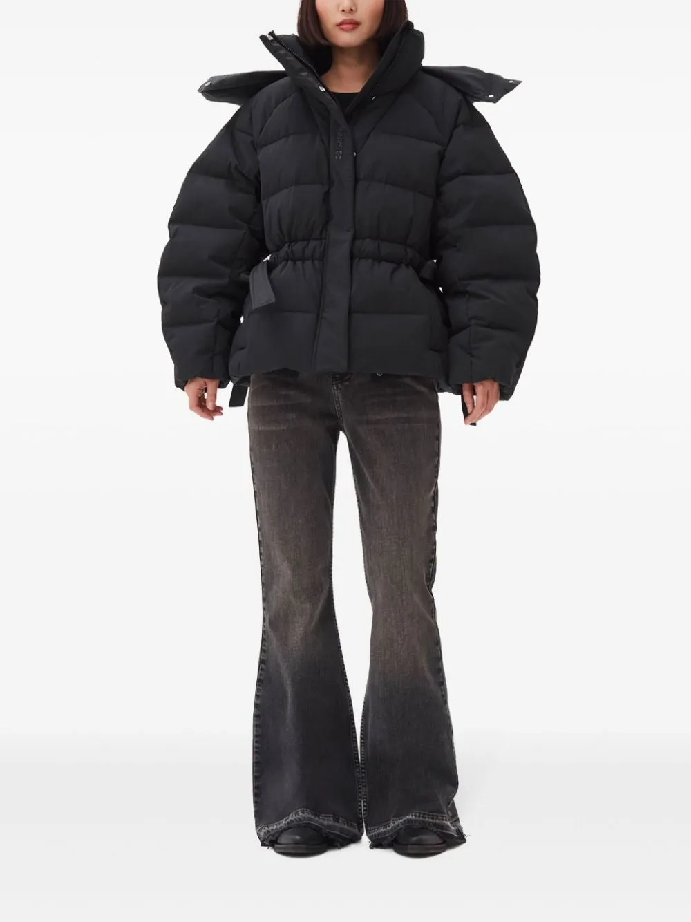 Ganni Tech Seersucker Oversized Puffer Jacket in Black 099
