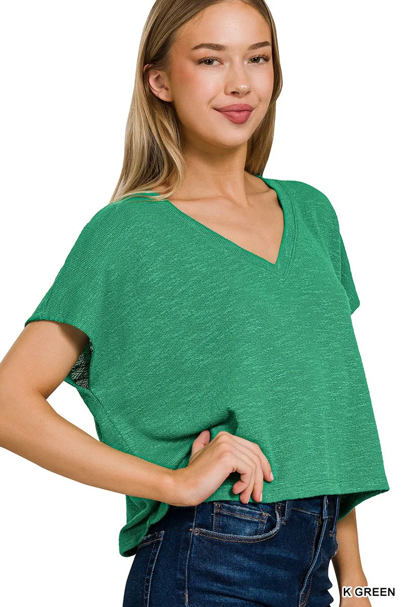 HACCI SLUB V-NECK DROP SHOULDER CROP TOP