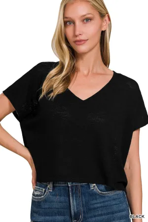 HACCI SLUB V-NECK DROP SHOULDER CROP TOP