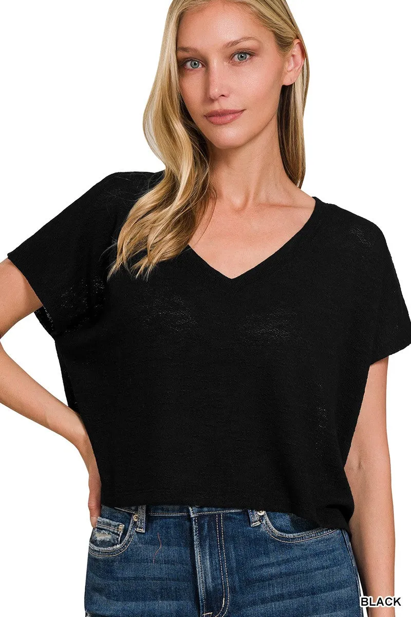 HACCI SLUB V-NECK DROP SHOULDER CROP TOP