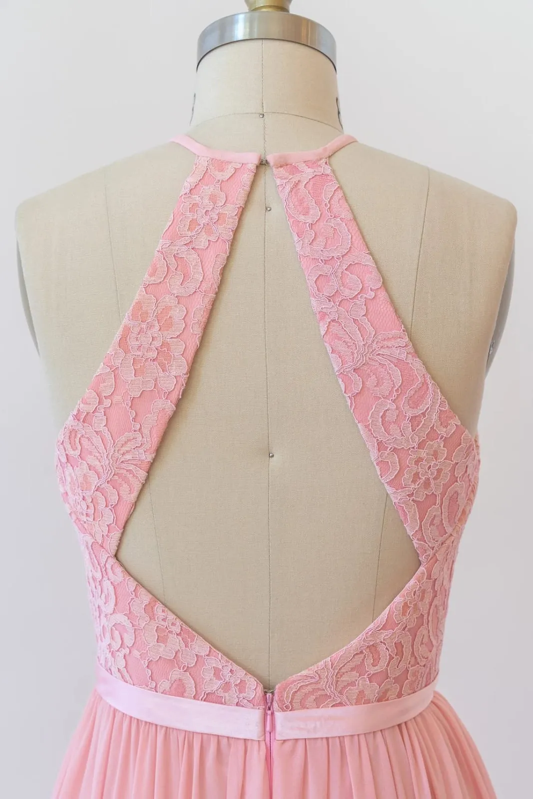 Halter Sleeveless Lace Chiffon Cut-out Long Pink Bridesmaid Dress