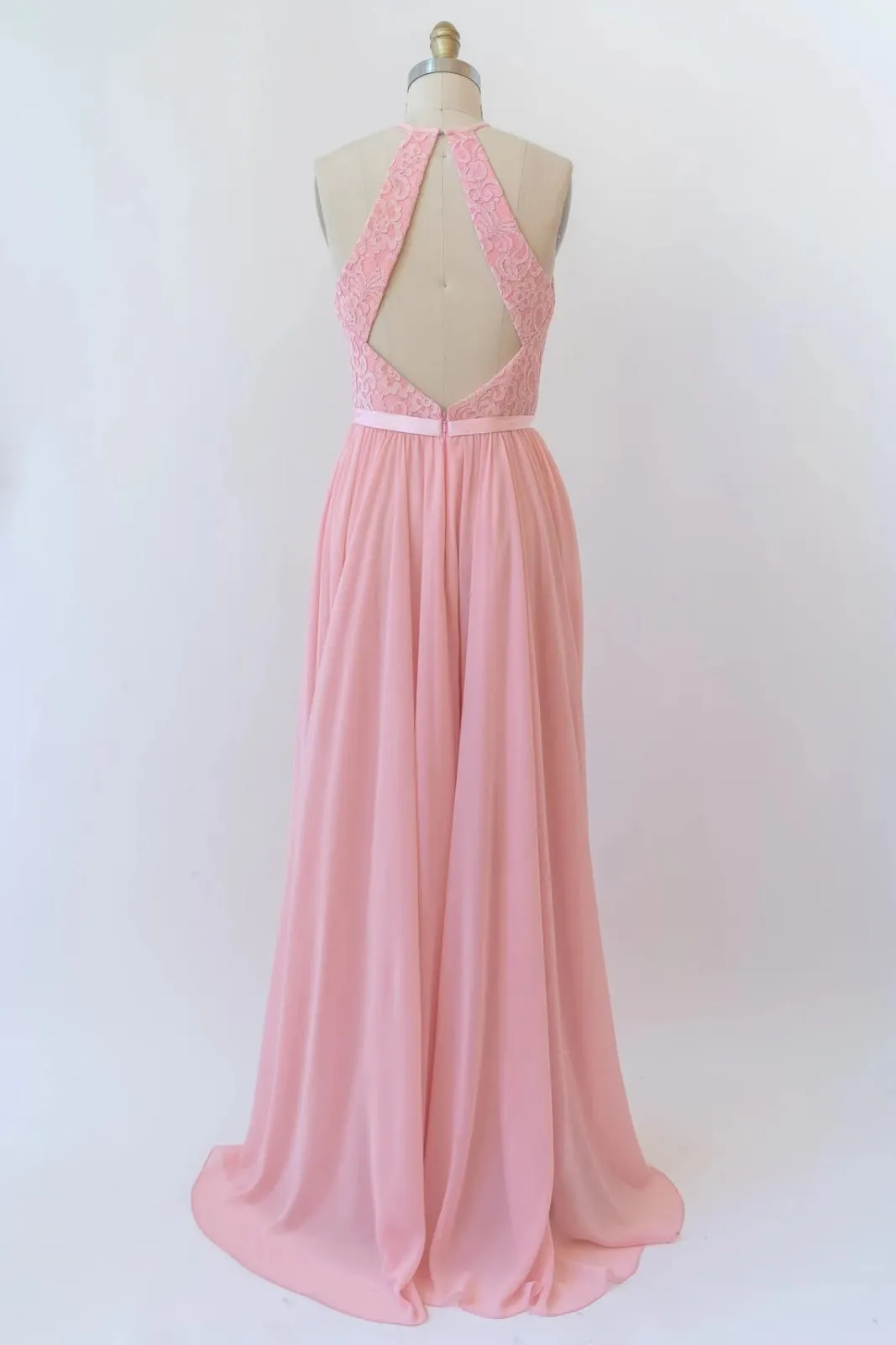 Halter Sleeveless Lace Chiffon Cut-out Long Pink Bridesmaid Dress