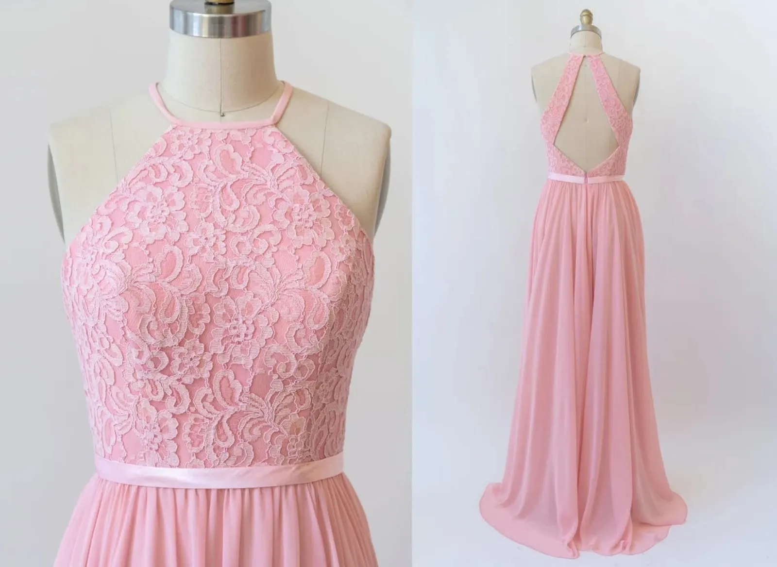 Halter Sleeveless Lace Chiffon Cut-out Long Pink Bridesmaid Dress