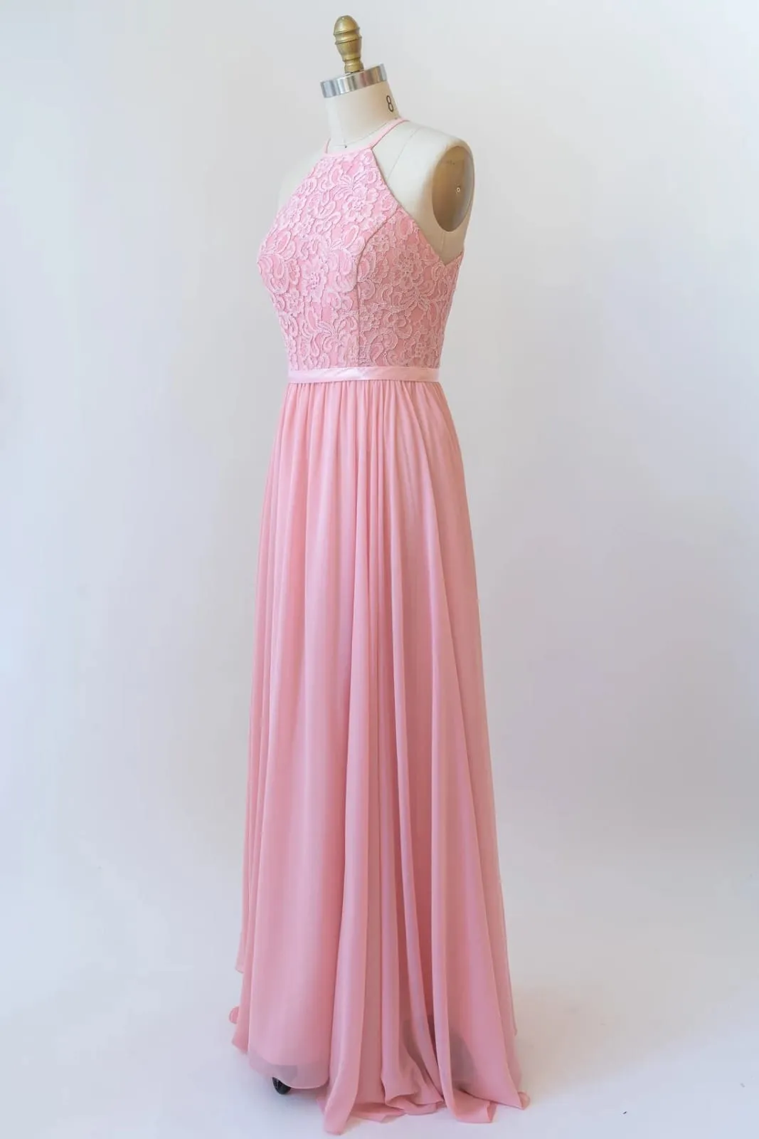 Halter Sleeveless Lace Chiffon Cut-out Long Pink Bridesmaid Dress