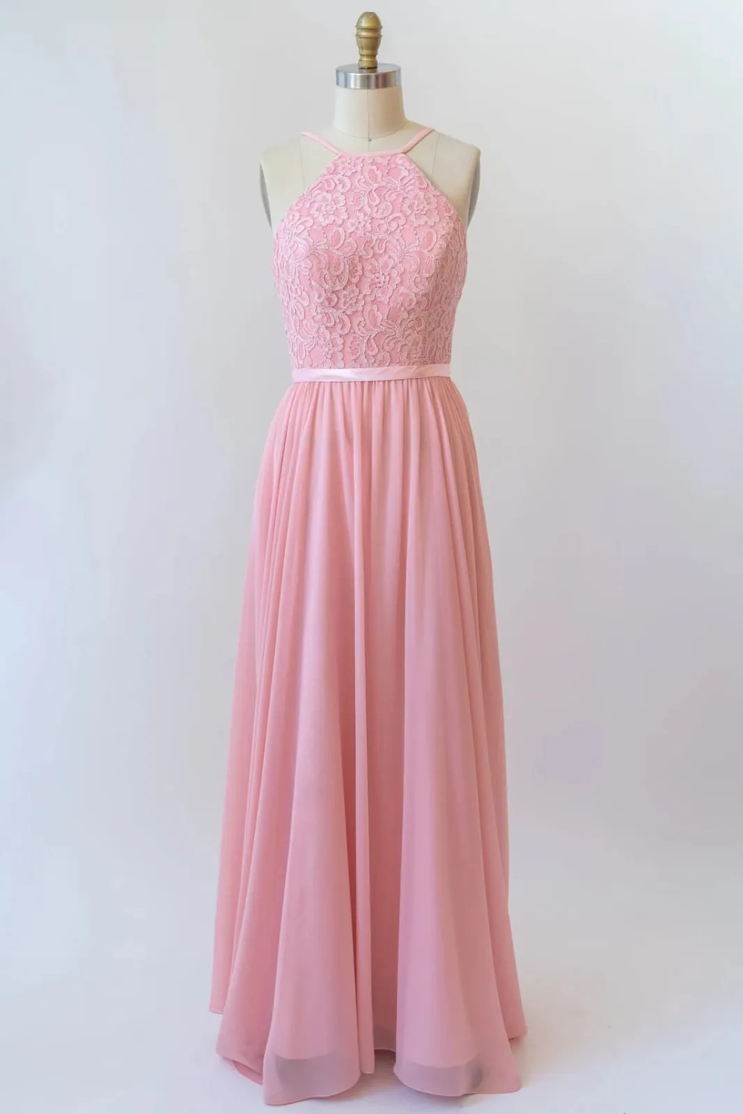 Halter Sleeveless Lace Chiffon Cut-out Long Pink Bridesmaid Dress